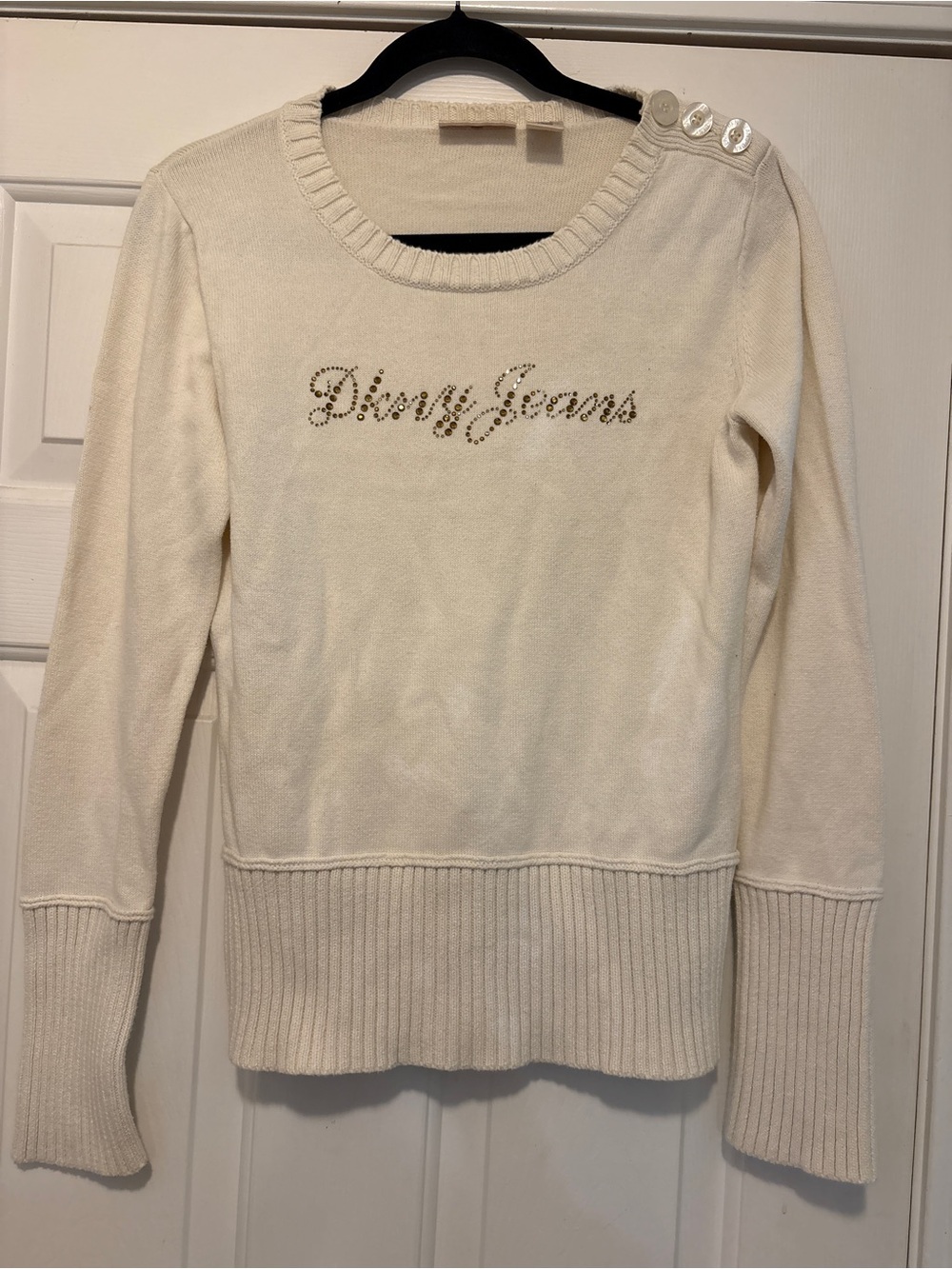 DKNY Cream Crewneck Sweater with Rhinestone Logo & Shoulder Buttons